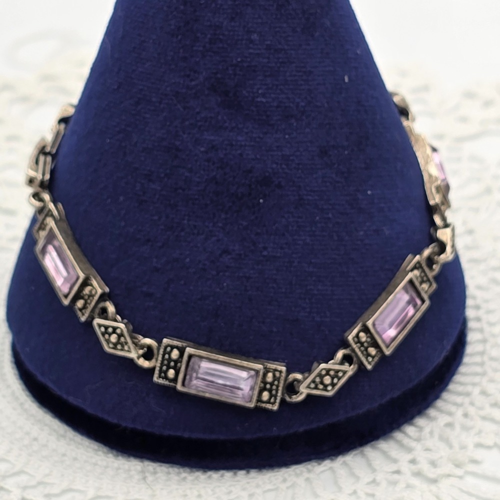 Art Deco Style Rhinestone Bracelet Purple Silver Tone 7.5"